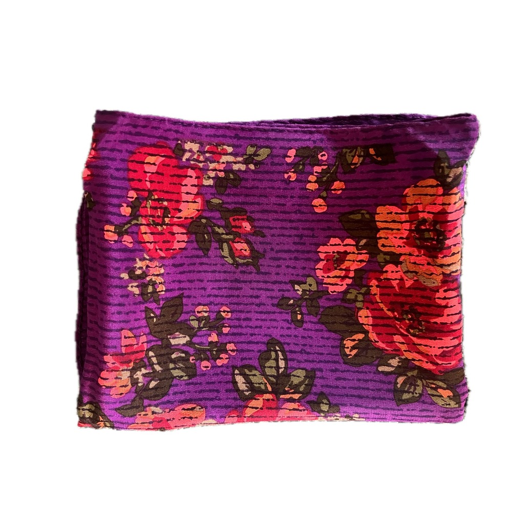 Vintage Silk Purple Floral Ribbed Scarf Pink Rose Print Fall Western Preppy